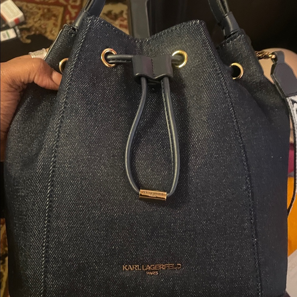 Karl Lagerfeld Dark Denim Bucket Bag with Gold Accents